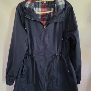 Time and Tru Navy Hooded Utility Jacket with Plaid Lining